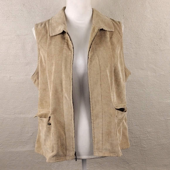 Southern Lady Vintage Tan Corduroy Pointed Collar Sleeveless Zip Up Vest - Picture 5 of 11